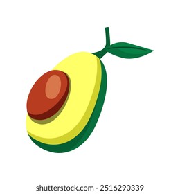 Avocado fruit illustration with brown seed and leaf, perfect for food blog, healthy eating articles, or agriculture related designs