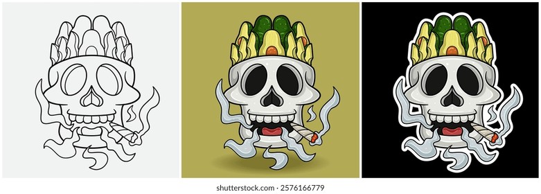 Avocado Fruit Inside Skull Head With Smoking Character Cartoon. Black White, Colorful and Sticker Style. For T shirt print, Brand Logo, Label and Mascot product. Vectors Illustrations