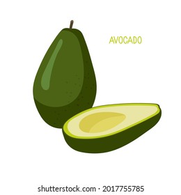 Avocado-Früchte einzeln auf weißem Hintergrund. Ganze Früchte und halbiert. Logo des Bauernmarktes. Organische tropische Lebensmittelöko-Vorlage für Menü, Saft-Etikett, Avocado-Kosmetikprodukt, Obstwebsite, Banner