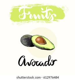 Avocado fruit label design for product. Collection of food label design. Avocado vector illustration with hand draw word typography.