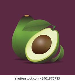 Avocado fruit with leafs  vector illustration. Avocado whole, half, slice, leaves on a background.