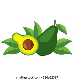 Avocado fruit logo. Halves of avocado leaves. Vegetarianism. Raw food diet.