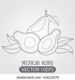 Avocado fruit logo. Halves of avocado leaves. Vegetarianism. Raw food diet. Illustrations coloring.