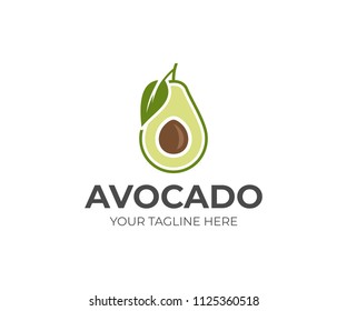 Avocado fruit logo template. Avocado half with leaf vector design. Health food logotype