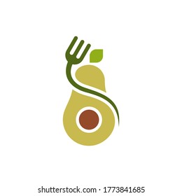 Avocado fruit logo template. Avocado half with spoon and fork vector design. Health food logotype