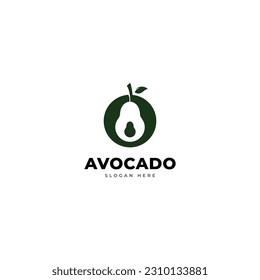 Avocado Obstlogo-Vorlage. Avocado Hälfte mit Blatt Vektordesign. Logo für gesunde Lebensmittel
