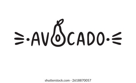 Modelo de logotipo de fruta abacate e letras abacate. logotipo de comida saudável, abacate mão desenhado ícone doodle. Ilustração vetorial