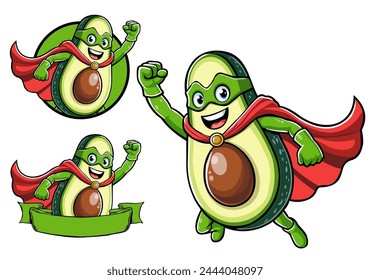 Vector de mascota de frutas de aguacate con un traje de superhéroe, volando en el aire