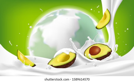 Fruta de aguacate en salpicadura de leche y un fondo verde con globos, conceptos de alimentación nutritiva y preservar el mundo, la Ilustración vectorial y el diseño.