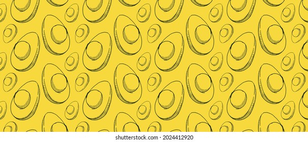 Avocado fruit pattern design template in monoline style on rotten yellow background