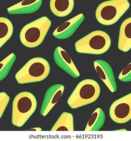 Avocado fruit pattern in flat style on the gray background. Vector ornament.