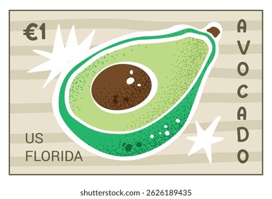 Avocado fruit postage stamp template. Vector vintage style design isolated on transparent background. Hand-drawn mail postmark with exotic tropical fruit . Bright and trendy cartoon sticker.