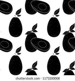 Avocado. Fruit. Sketch. Texture, wallpaper. Seamless. Black silhouette on white background.