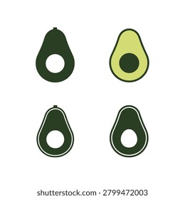 Avocado fruit slice icons in various green shades. A set of four minimalist avocado icons showing the fruit cut in half with a pit. Ideal for healthy eating apps, vegetarian recipes, nutrition blogs, and grocery branding.
