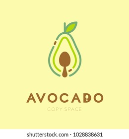 Avocado fruit with spoon logo icon outline stroke set design illustration isolated on cream background with Avocado text and copy space, vector eps10