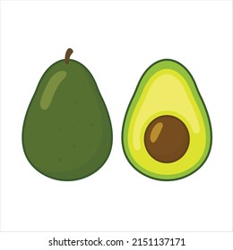 Avocado Fruit Vector Illustration. Avocado fruit whole and half. Avocado illustration in flat minimalism cartoon style.