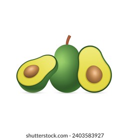 Avocado Fruit Vector Illustration. Whole and Slices. Realistic 3d Icons.