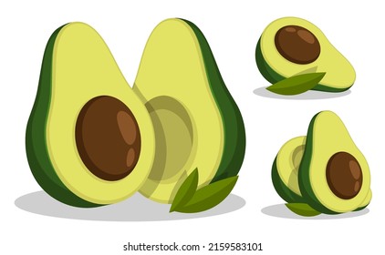 Avocado Frucht ganz und halbiert mit Grube in der Mitte. Exotische Früchte. Cartoon-Vektorgrafik einzeln auf weißem Hintergrund