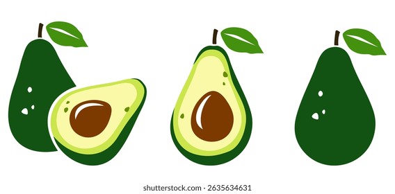 Fruta abacate. Abacate inteiro e cortado isolado sobre fundo branco. Conjunto de ilustrações vetoriais. Ilustração desenhada à mão, não IA