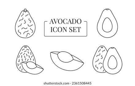 Avocado fruit whole and half, cut into slices, set of line icons in vector.