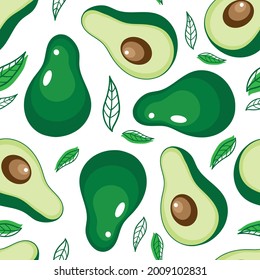 Avocado fruit whole and half seamless pattern. Vector illustration.