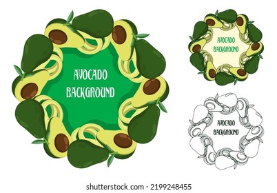 Avocado Fruit Wreath Background, Whole And Cut. Slices Of Avocado In Form Of Sun Or Flower Top View. Cartoon Vector Isolated On White Background