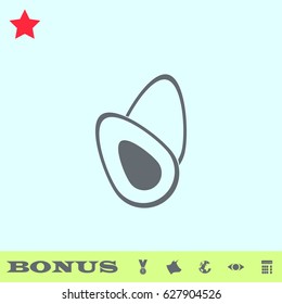 Avocado fruits icon flat. Grey pictogram on blue background. Vector illustration symbol and bonus buttons medal, cow, earth, eye, calculator