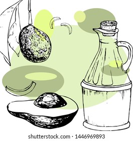 Avocado fruits and oil bottle. Vector illustration of avocado design for background, wallpapers, coverings.  Empty space for text. Isolated on white background. Hand-drawn.