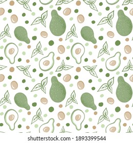 Avocado fruits seamless pattern in hand-drawn style. Vector repeat background for colorful summer fabric. Colorful vector wallpaper. Decorative illustration, good for printing.