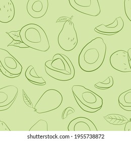 El aguacate da frutos sin costura en un estilo dibujado a mano.Esbozo de un aguacate entero, cortado de hojas y raspado. Ilustración botánica del aguacate. Frutos tropicales jugosos.Ideal para etiquetas, afiches, impresiones.