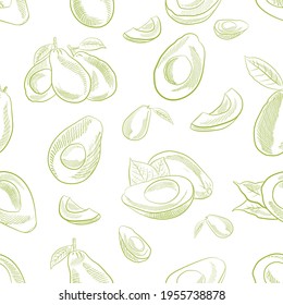 Avocado frucht nahtlose Muster in handgezeichnet Stil.Sketch eines ganzen Avocado, geschnitten ​ ​ und Blätter. Botanische Illustration von Avocado. Juicy tropische Früchte. Ideal für Etiketten, Plakate, Drucke.