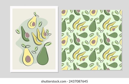 Avocadofrüchte in flachem Design. Poster und nahtloses Muster mit Avocado für Stoff, Karten, Tapeten im Boho-Stil.
