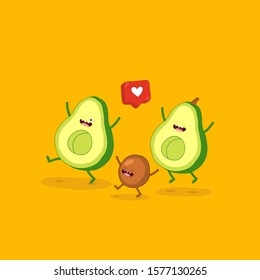 Avocado, funny avocado. Cartoon couple character of avocado. Valentines day. Vector illustration. Valentine day vector concept illustration with cute avocados isolated on yellow background.