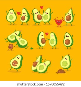 Avocado, funny avocado. Cartoon couples character. love. Happy Valentine stickers vector concept illustration with cute valentine heart. Use for card, poster, banner, web design and print on t-shirt.