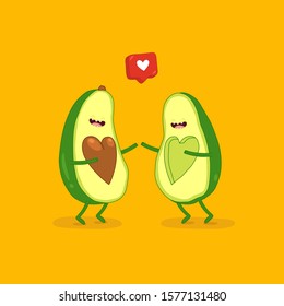 Avocado, funny avocado. Valentines day. Vector illustration. Cartoon couple character of avocado. Valentine day vector concept illustration with cute avocados isolated on yellow background.