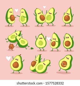 Avocado, funny avocado. Valentines day. Vector illustration. Funny cartoon couples character of avocado. Valentine day vector concept illustration with cute avocados isolated on pink background. 