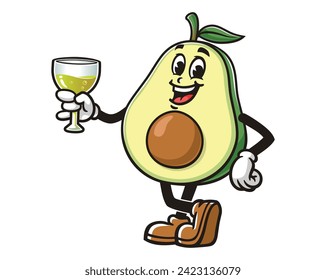 Avocado with a glass of drink cartoon mascot illustration character vector clip art hand drawn