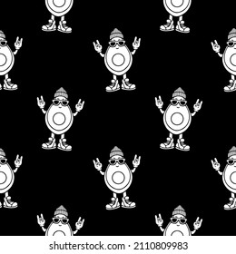 avocado with glasses and a hat on a black background seamless pattern