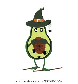 Aguacate va a Halloween. Vestido como una wedbma y llevado una telaraña con él. Vocado verde y verde claro, sombrero de bruja verde, arañas negras y telarañas.Estilo de caricatura. Aplicación de textiles