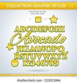 Avocado Graphic Styles for Design. Graphic styles can be use for decor, text, title, cards, events, posters, icons, logo and other.