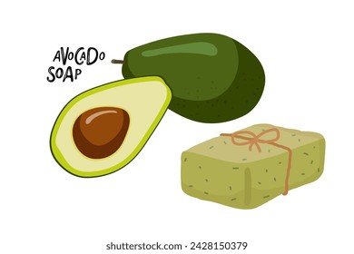 Avocado and green bar of hand made soap. Avocado soap bar. Natural avocado cosmetics. Avocado fruit, soap, inscription. Body, facial skin, hair care. Cartoon vector illustration for organic cosmetic.
