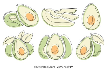 Avocado green continuous one line drawing icon set isolated on a white background. Outline avocado fruit collections. Vector illustration