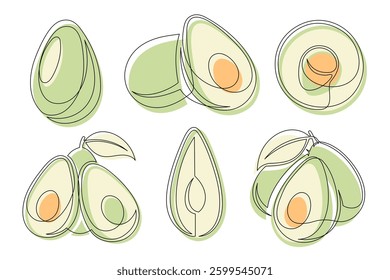Avocado green continuous one line drawing icon set isolated on a white background. Outline avocado fruit collections. Vector illustration