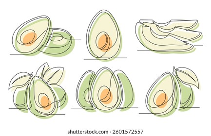 Avocado green continuous one line drawing set isolated on a white background. Outline avocado fruit icon collections. Vector illustration