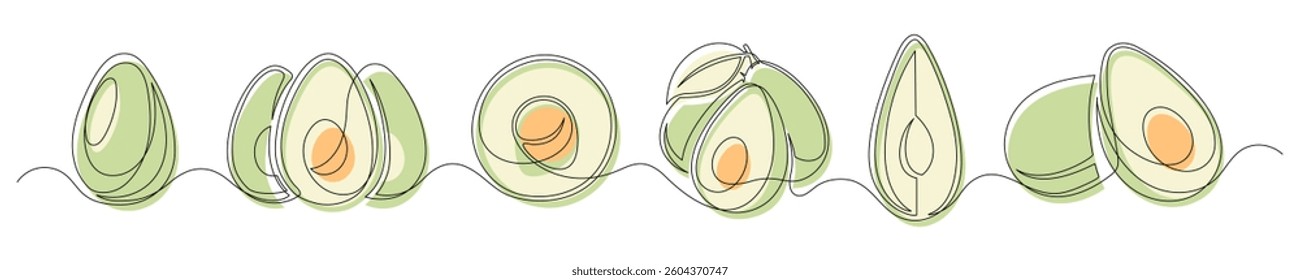 Avocado green continuous one line drawing set isolated on a white background. Horizontal banner. Outline avocado fruit collections. Vector illustration