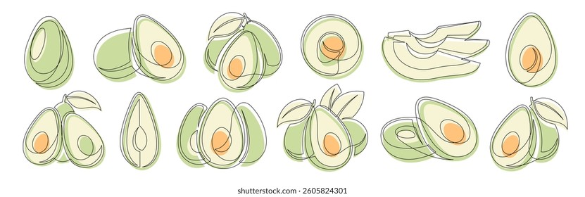 Avocado green continuous one line drawing icon set isolated on a white background. Outline avocado fruit collections. Vector illustration