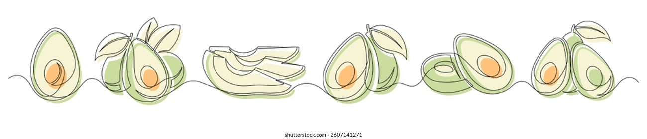 Avocado green continuous one line drawing set isolated on a white background. Horizontal banner. Outline avocado fruit collections. Vector illustration