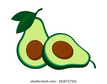 Avocado with green leaf and slice. Vector isolated illustration on white background