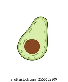 Avocado green pear-shaped fruit with round large pit hand drawn doodle illustration, healthy diet tropical food nutrient full of vitamins, minerals, monounsaturated fat. Vegetarian natural product