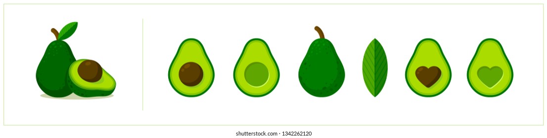 Avocado green. Vector icon set. Vegetarian food illustration. Healthy. Cartoon. Whole, half, sliced avocado with heart shape seed and circle shaped seed isolated on white background. Vegan fruit